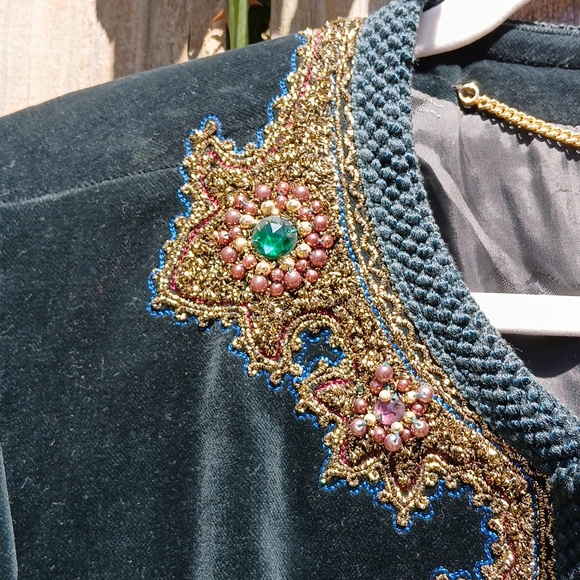 VTG Luxury Velvet Blazer Jacket Dark Forest Green Beaded Embroidered Exquisite M - Picture 6 of 15